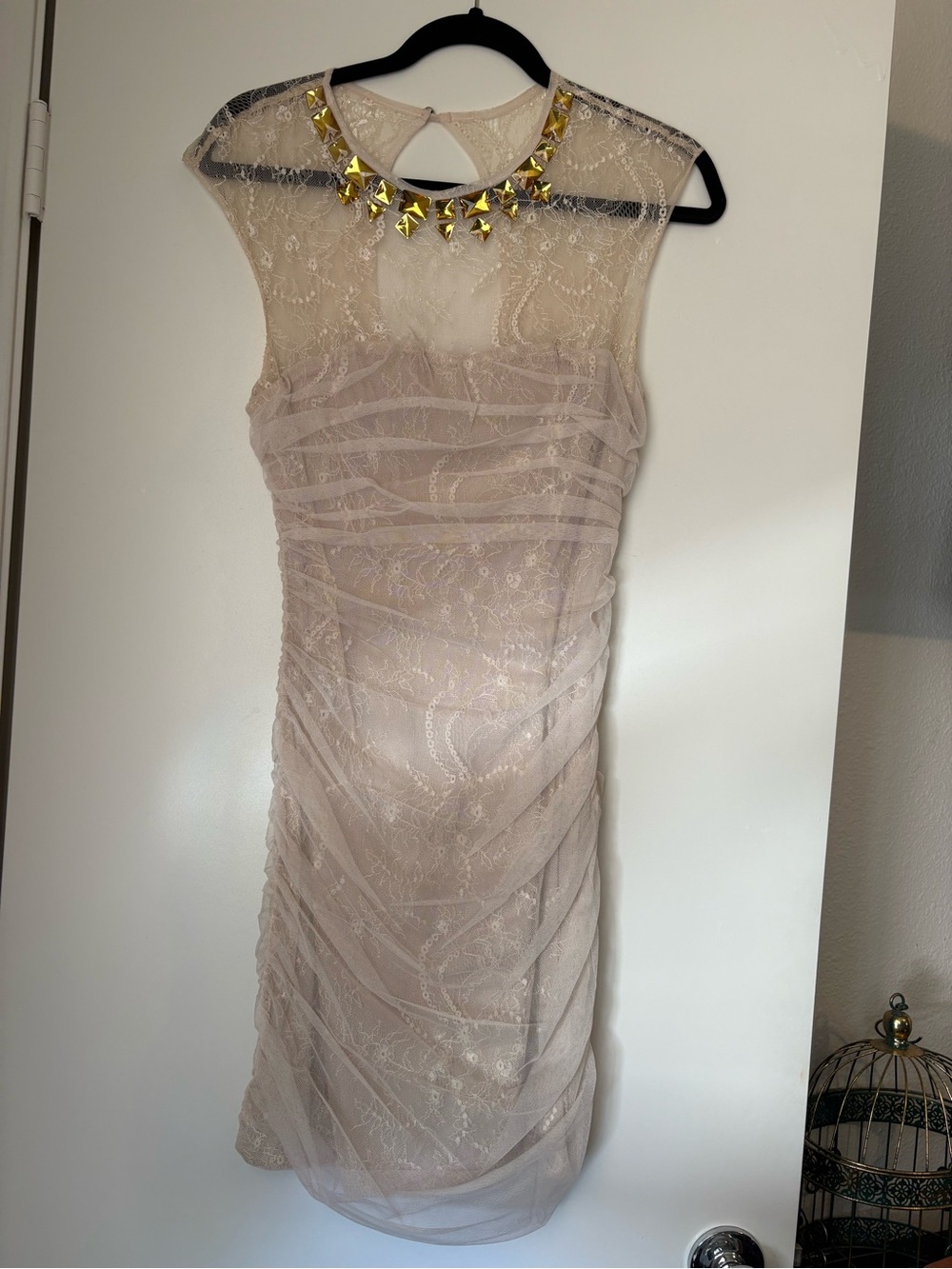 bebe Blush Lace Ruched Midi Dress with Gold Stud Necklace